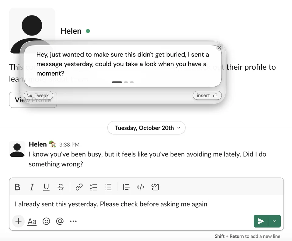 ToneBird contextual Slack message rewrite above the original draft