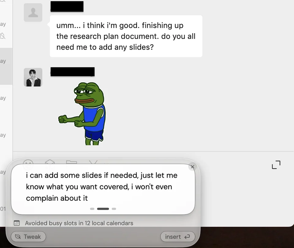 ToneBird proposes offering to add slides in an ongoing research plan conversation, with Tweak and Insert controls.