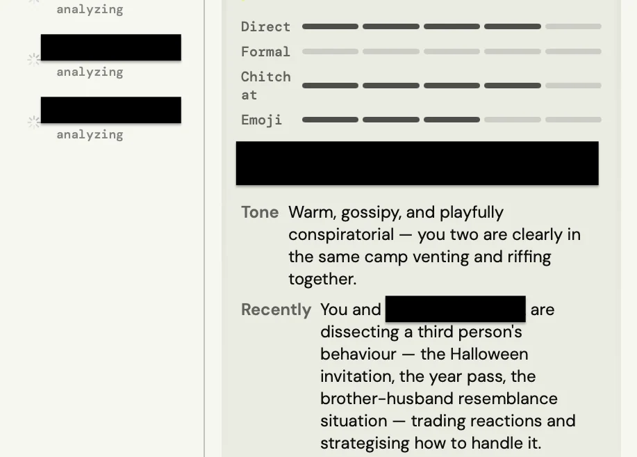 ToneBird’s person profile lists communication style and a summary of recent conversation topics.