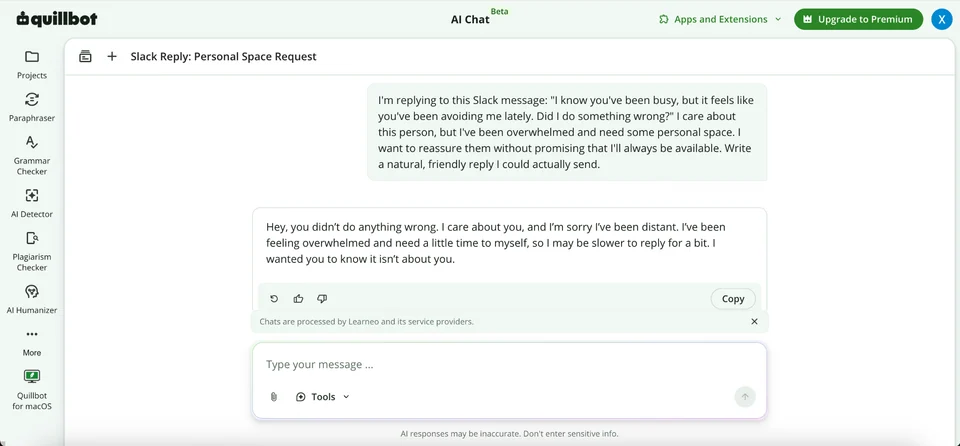 QuillBot AI Chat generating a personal reply from the supplied message and instructions