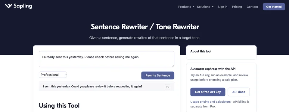 Sapling's Professional mode softens the message while retaining that it was sent yesterday and should be checked first.