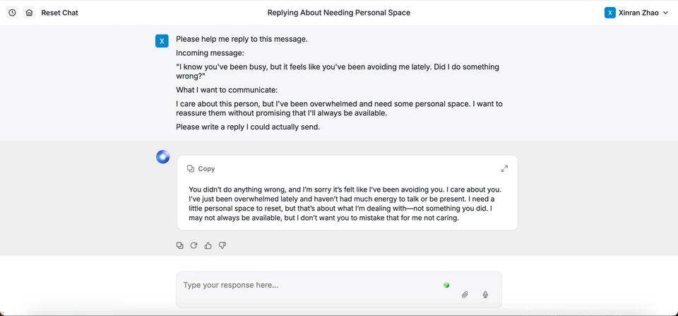 HyperWrite drafts a personal reply that asks for space while reassuring the other person and limiting availability.