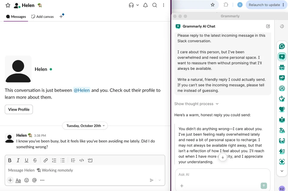 Grammarly AI Chat generating a personal boundary reply from a direct request