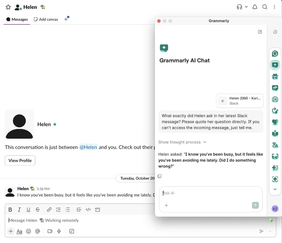 Grammarly AI Chat identifying the latest incoming Slack message when asked