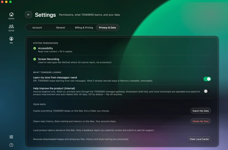 ToneBird Privacy and Data settings show Accessibility and Screen Recording permissions, learning switches, Export My Data and Delete My Data.