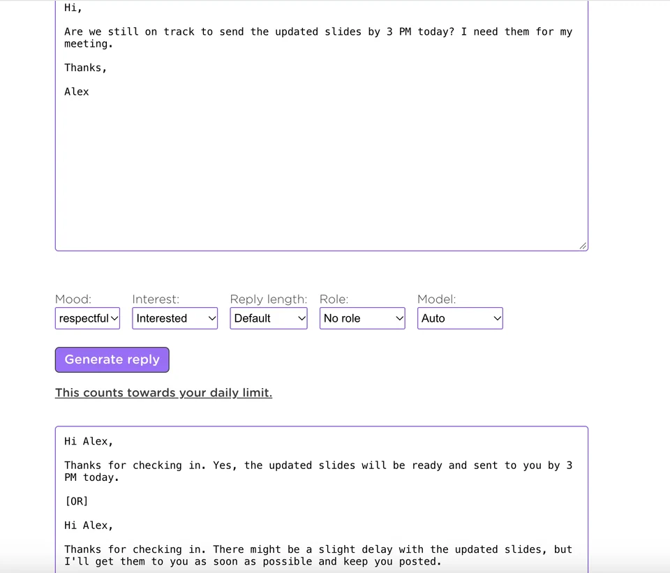 Ellie demo settings and replies to a slide deadline email, including one promising delivery by 3 PM.
