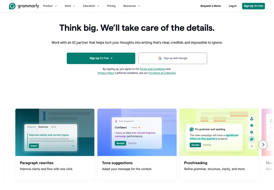 Grammarly homepage introducing its AI writing assistant and writing tools