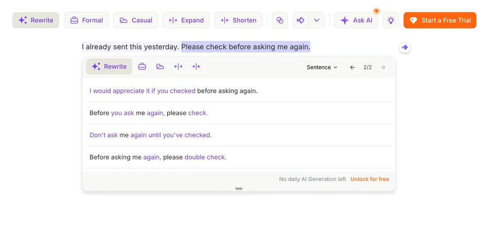 Wordtune shows four alternatives for the selected request to check before asking again, ranging from polite to firm.