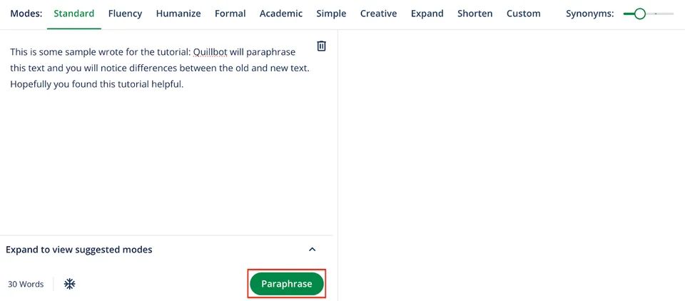QuillBot Paraphraser interface for rewriting messages, with input and paraphrased text panels
