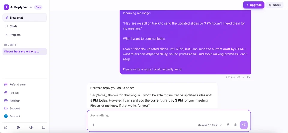 AI Reply Writer's free interface, using Gemini 2.5 Flash, suggests a draft by 3 PM and final slides by 5 PM.