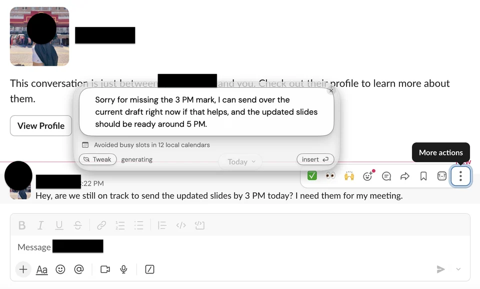 ToneBird in Slack suggests sending the current slide draft now and updated slides around 5 PM after missing a 3 PM deadline.