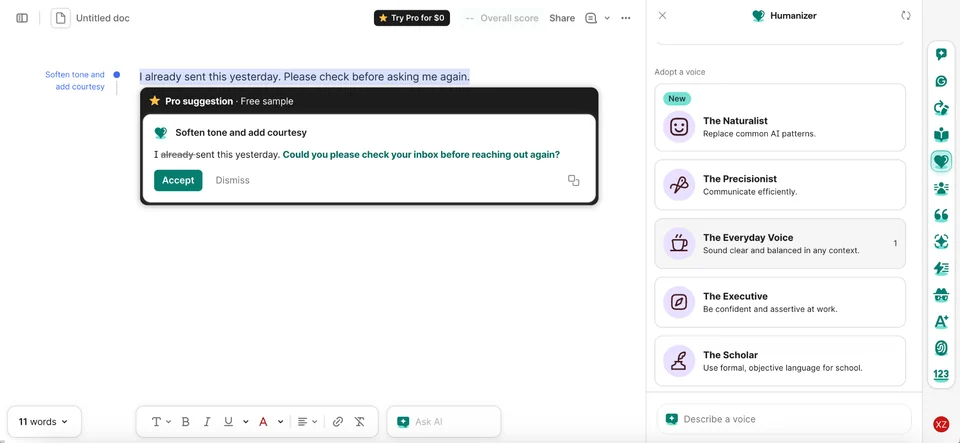 Grammarly's free sample of a Pro suggestion replaces blunt wording with a polite request to check an inbox before reaching out again.