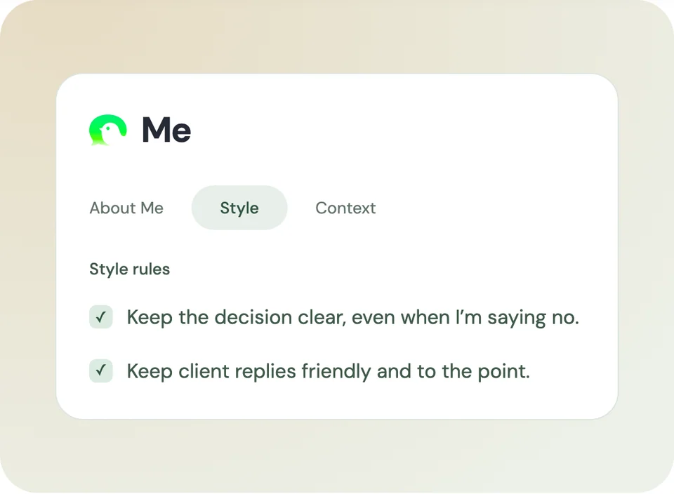 ToneBird Me Style website design showing personal voice preferences for client replies