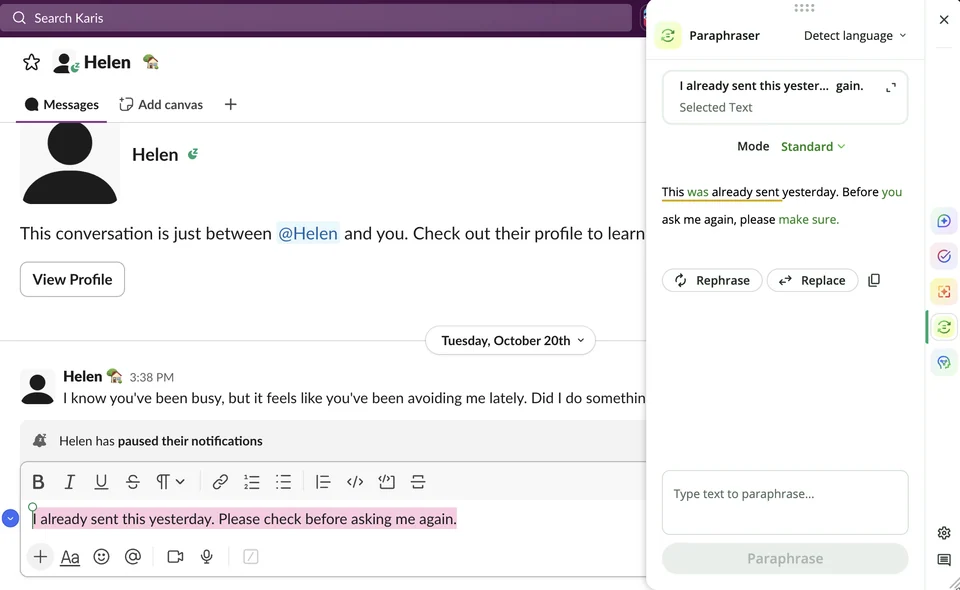 QuillBot Standard mode rewriting a blunt Slack message