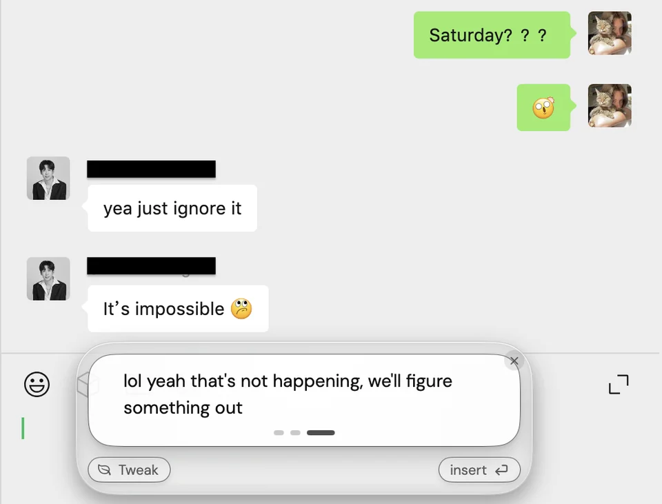 ToneBird suggests a casual reply that matches the tone of an ongoing group conversation.