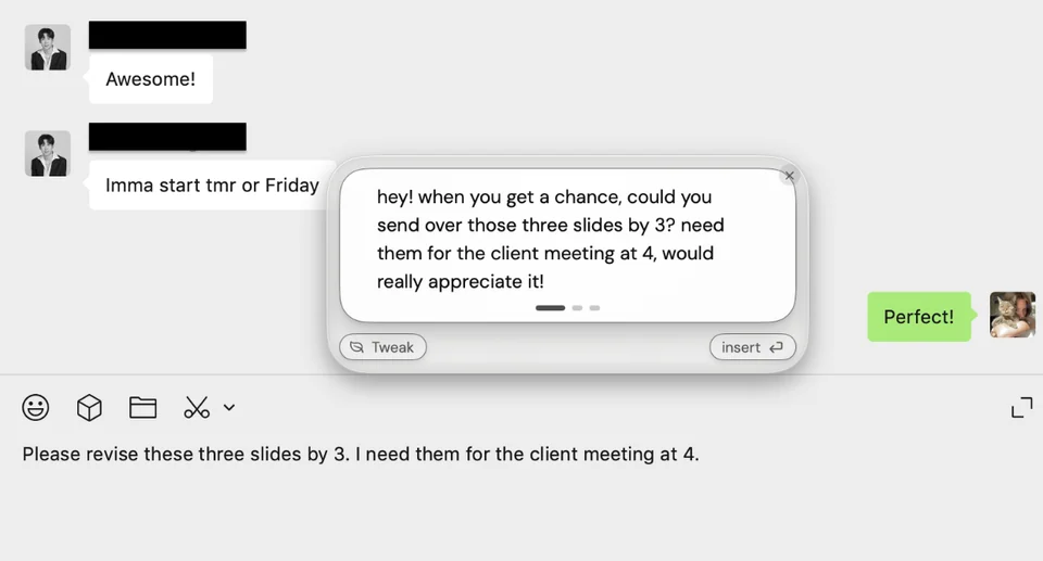 ToneBird suggests a more conversational slide request, but changes the original action from revise to send over.