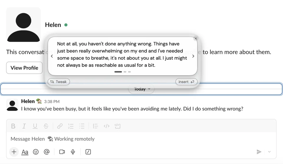 ToneBird personal boundary reply beside the incoming Slack message