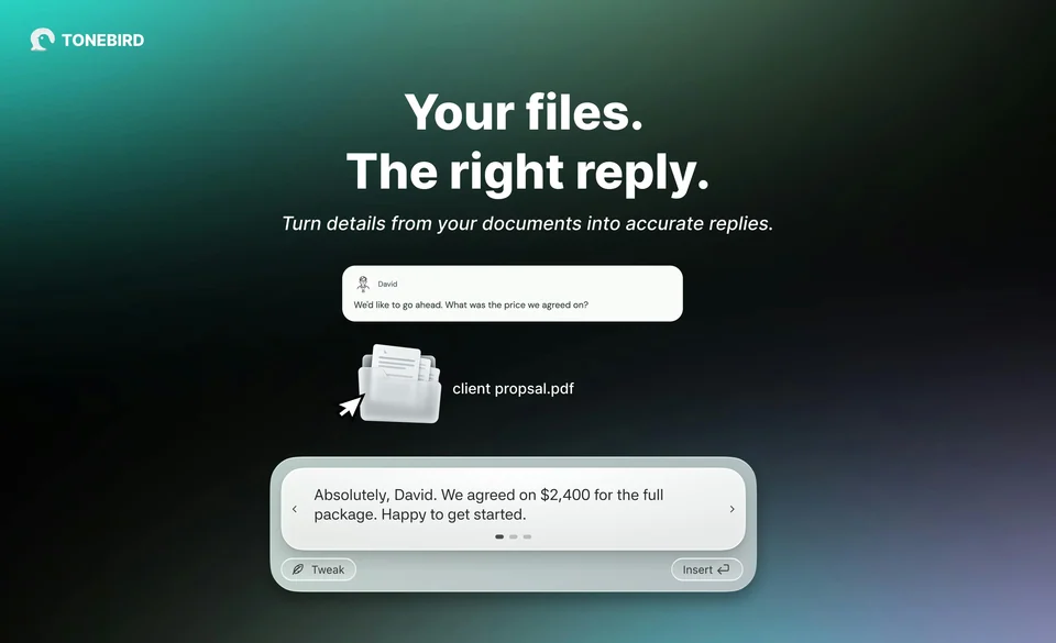 ToneBird contextual AI reply to a client question using proposal details in its Product Hunt launch visual