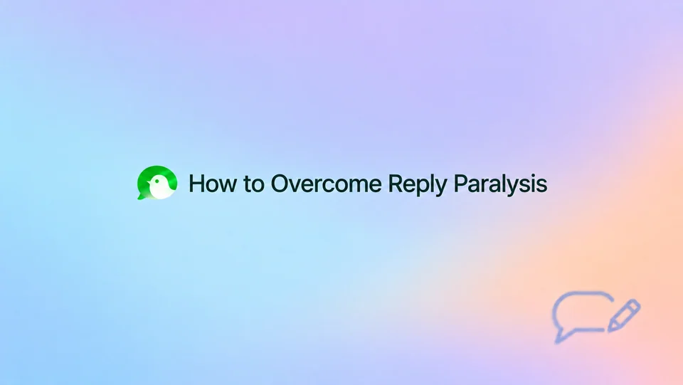 How to Overcome Reply Paralysis, with a small pencil and reply symbol on a blue, lilac and apricot gradient.