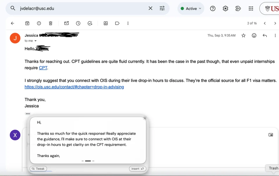 Gmail shows an advisor’s referral to OIS and a ToneBird acknowledgment draft with Tweak and Insert controls.