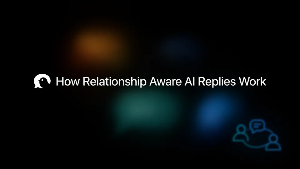 How Relationship Aware AI Replies Work, with a small conversation symbol on a dark background.