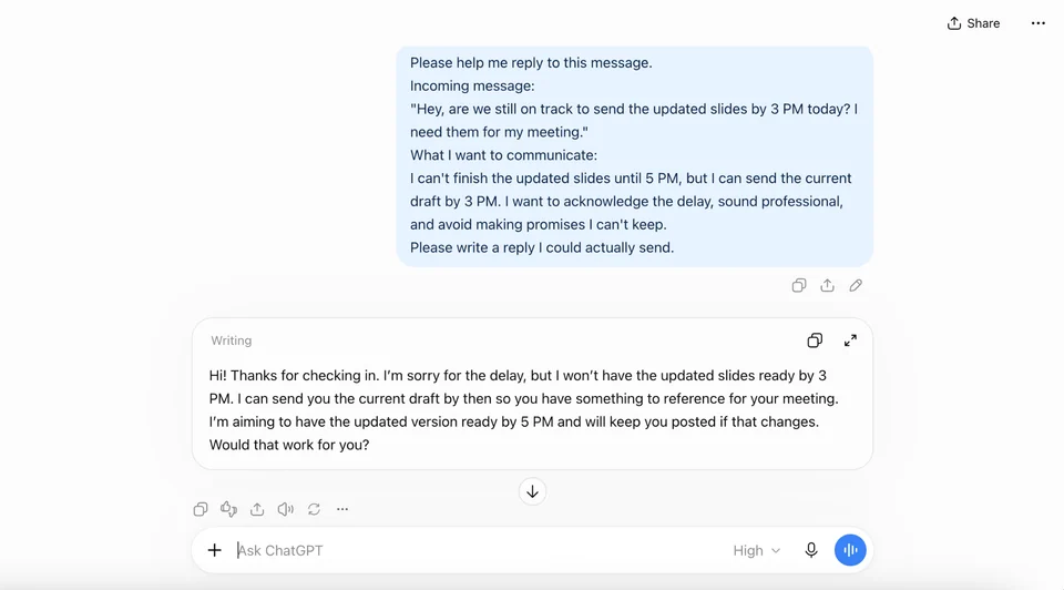 ChatGPT receives a slide deadline prompt and drafts a reply offering the current version by 3 PM and an update by 5 PM.