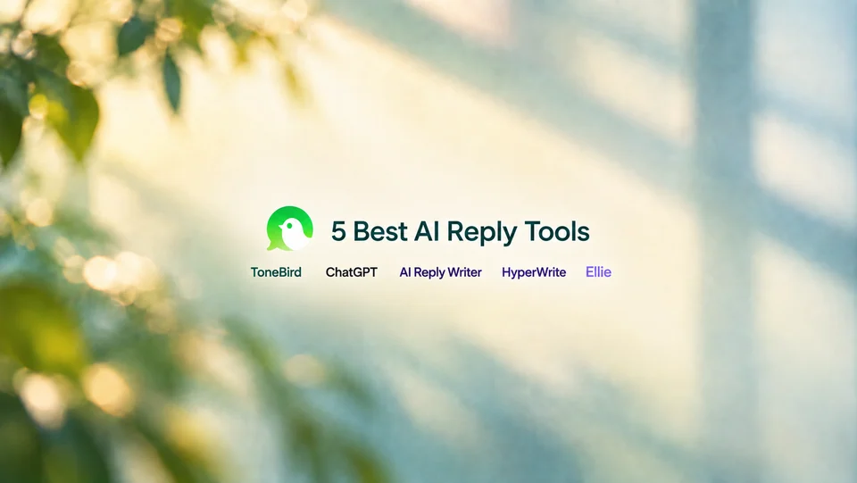 ToneBird bird mark and five tested tool names below the title 5 Best AI Reply Tools on a green, sunlit background.