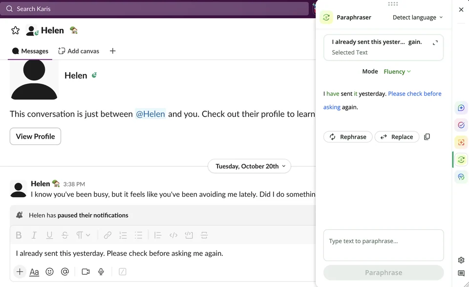 QuillBot Fluency mode rewriting the same Slack draft