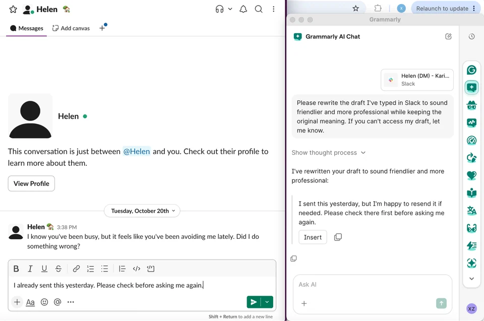 Grammarly AI Chat rewriting a blunt Slack message with an Insert action